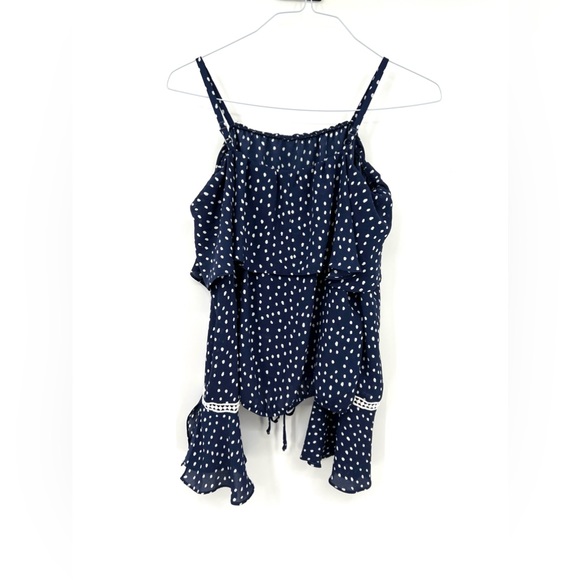 A. Byer Navy Polka Dot Off the Shoulder Long Sleeve Blouse Size Large - Picture 13 of 14